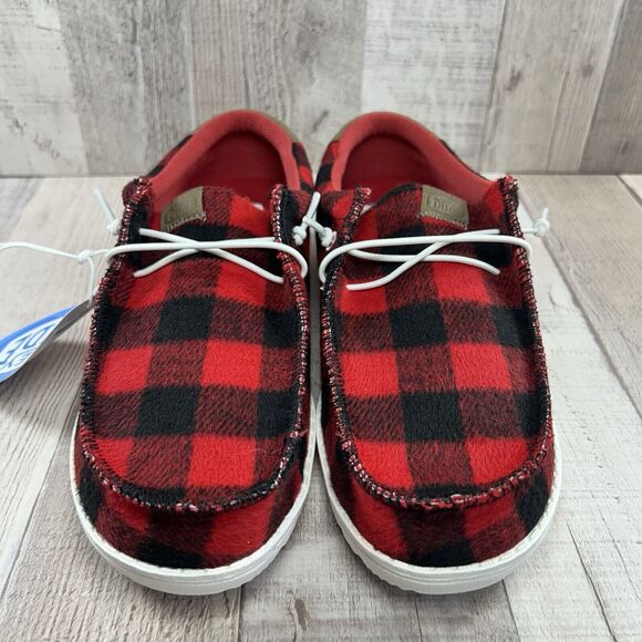 Hey Dude Wally Youth Size 2 Buffalo Plaid Slip On Loafer Sneaker Shoes Red Black - Picture 3 of 11